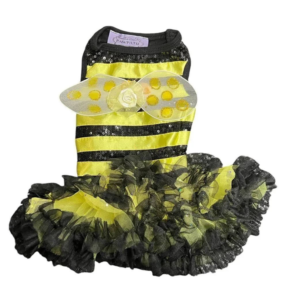 Pet Bee Costume Dress with Sequins, Sparkle Wings and Tutu, Queen Bee